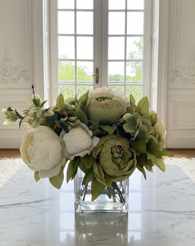Green & White Peony Arrangement in Glass Vase