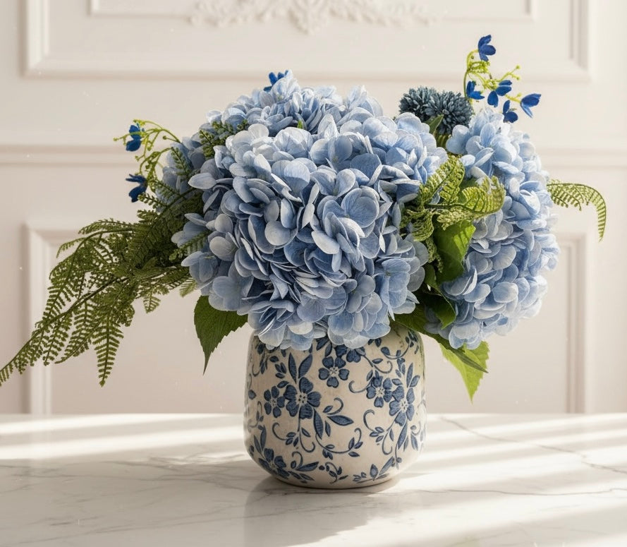 Faux Blue Hydrangeas in Terracotta Vase