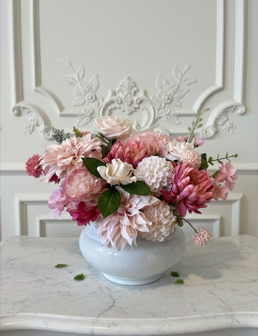Artificial Pink Peony Floral Arrangement in White Ceramic Planter