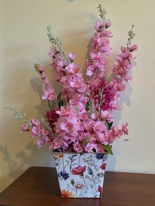Pink Snapdragon & Delphinium in White Cachepot