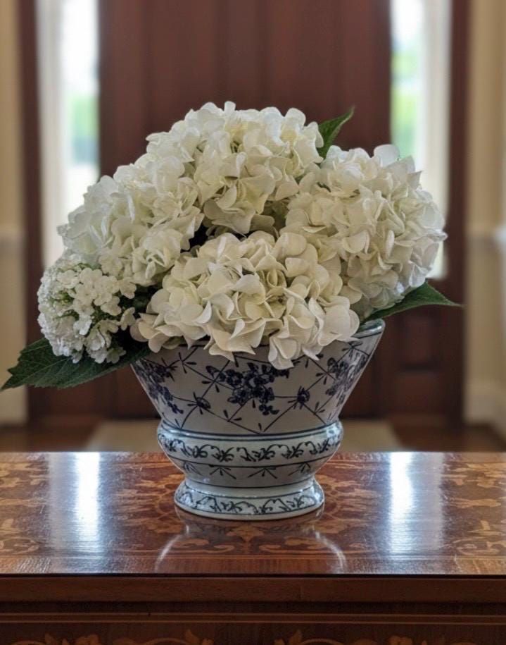 White Hydrangea Arrangement in Blue & White Ceramic Planter