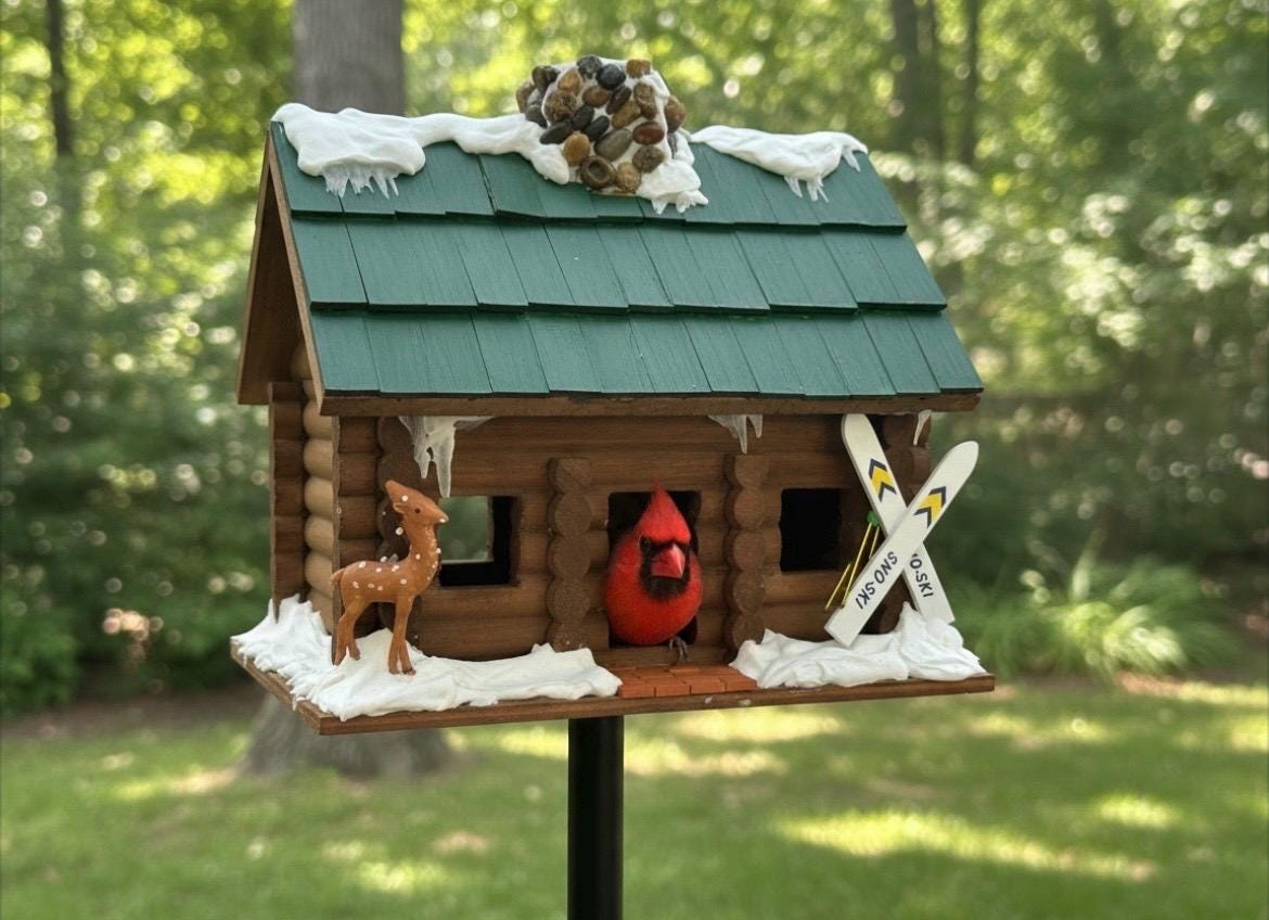 Handmade Winter Log Cabin Birdhouse