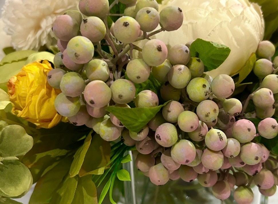 Yellow Peonies & Berries in Glass Vase
