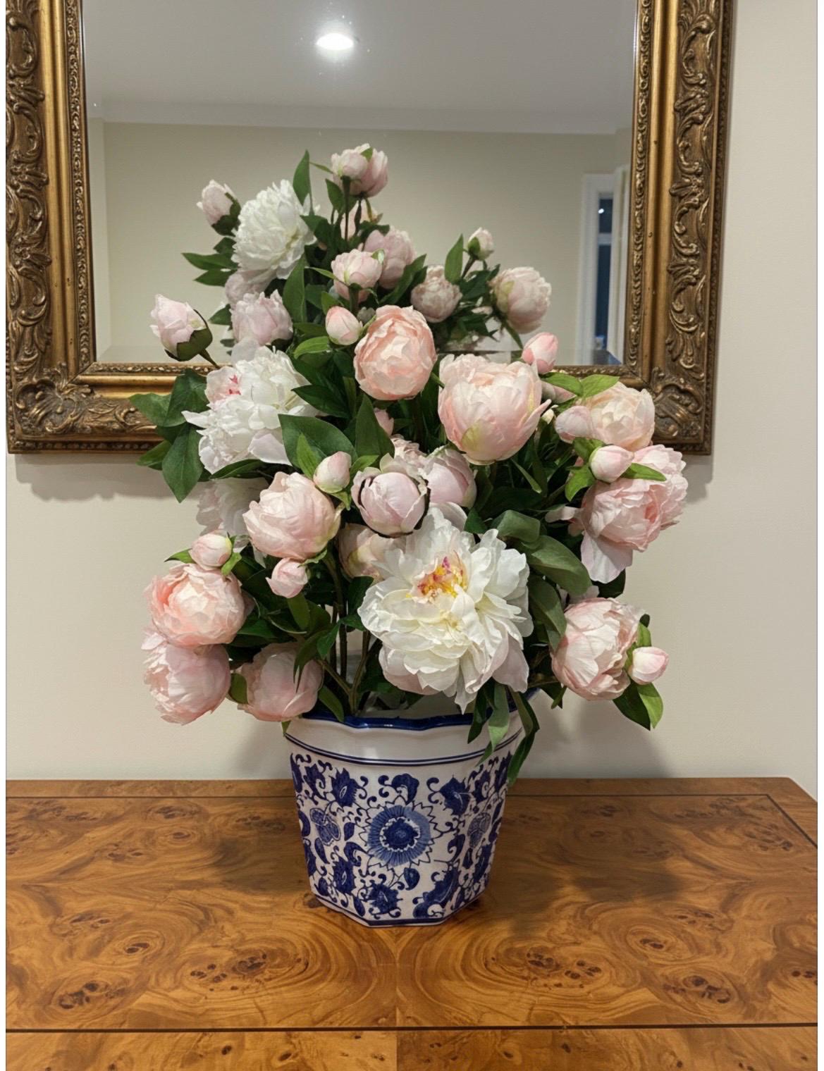 Pink Peony Arrangement in Blue & White Ceramic Planter