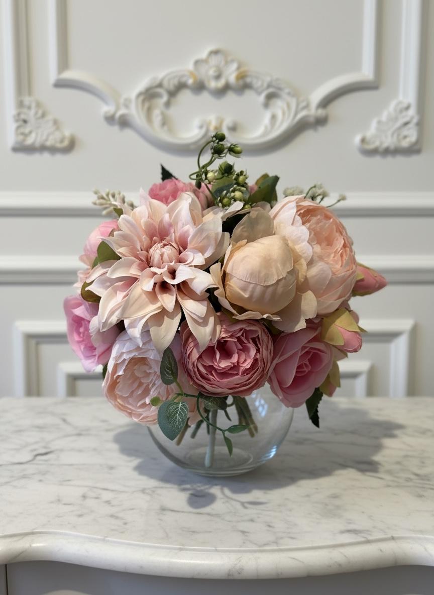 Pink Rose & Peony Arrangement in Glass Vase
