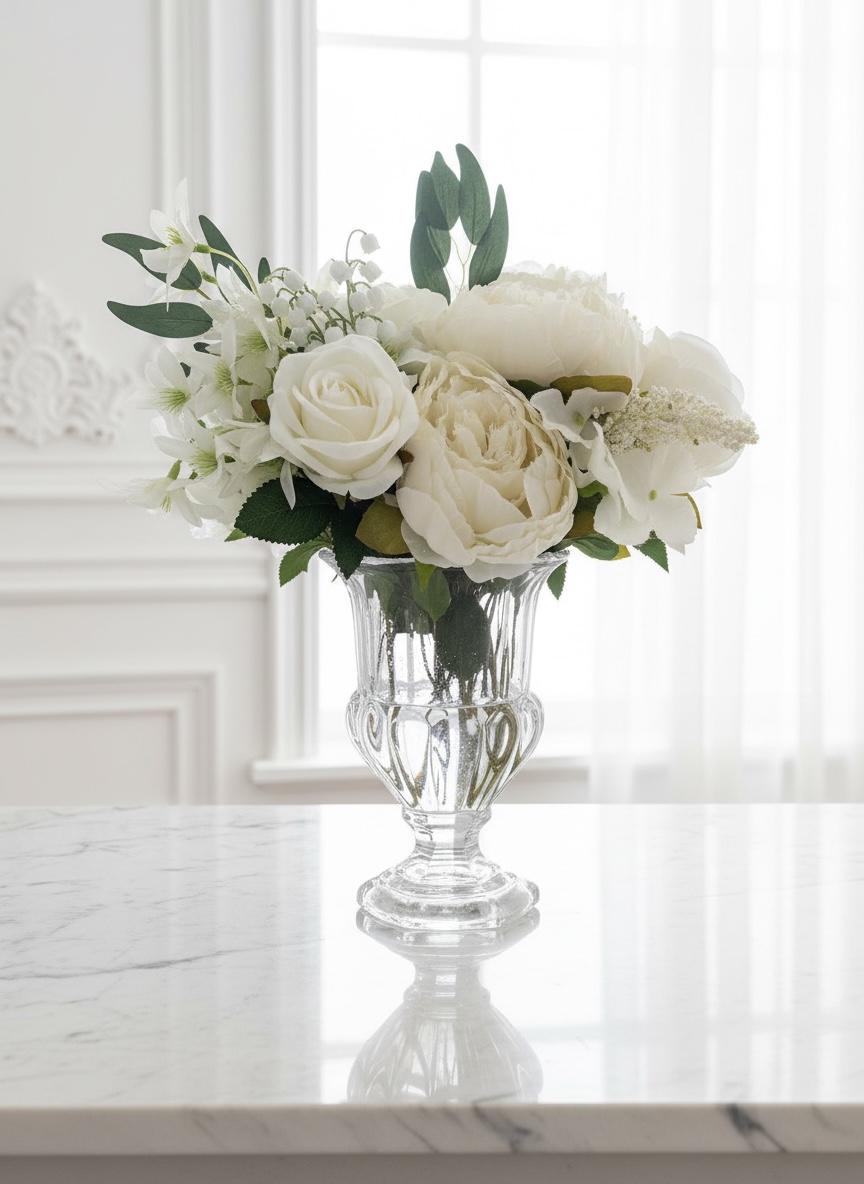 Faux White Peonies, Roses & Lilies in Glass Pedestal Vase