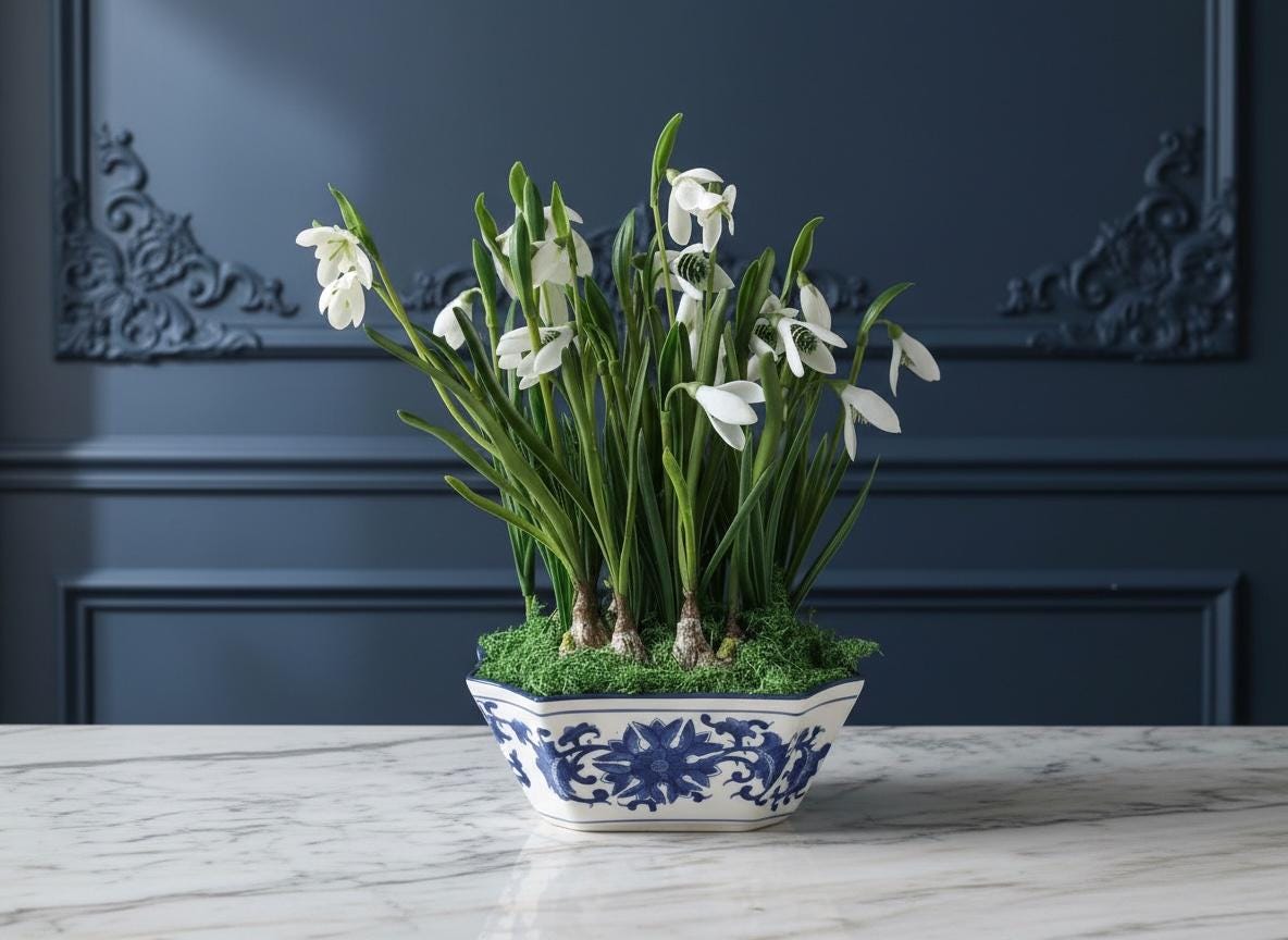 Faux Snowdrop Bulbs in Blue & White Chinoiserie Planter