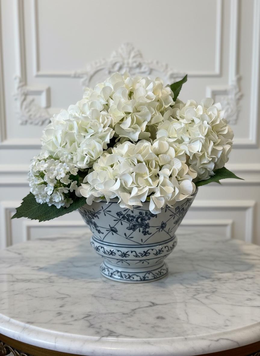 White Hydrangea Arrangement in Blue & White Ceramic Planter