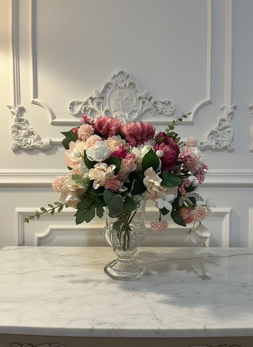 Pink Peonies and Roses in Glass Pedestal Vase