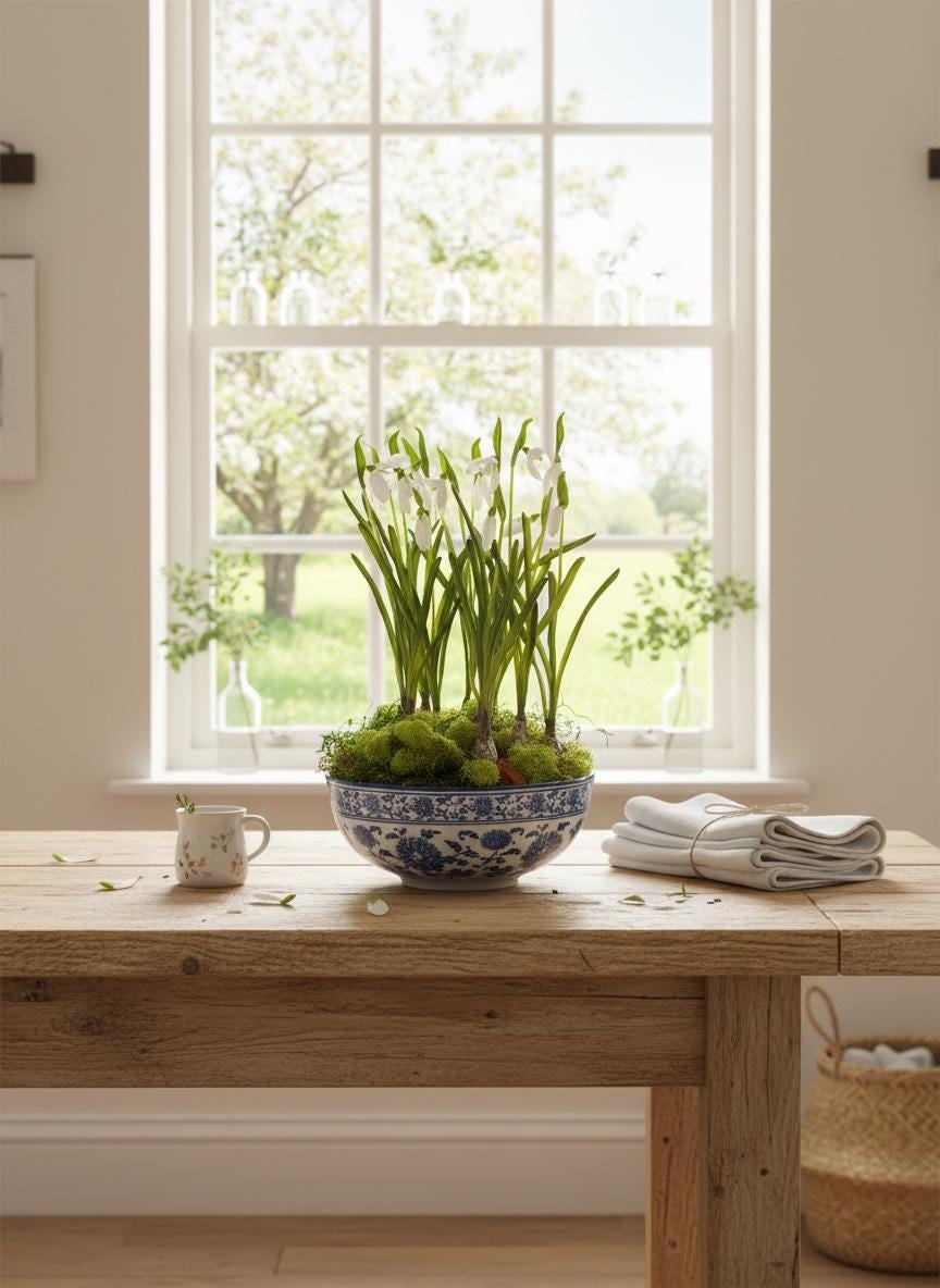 Snowdrop Bulb Arrangement in Blue & White Bowl