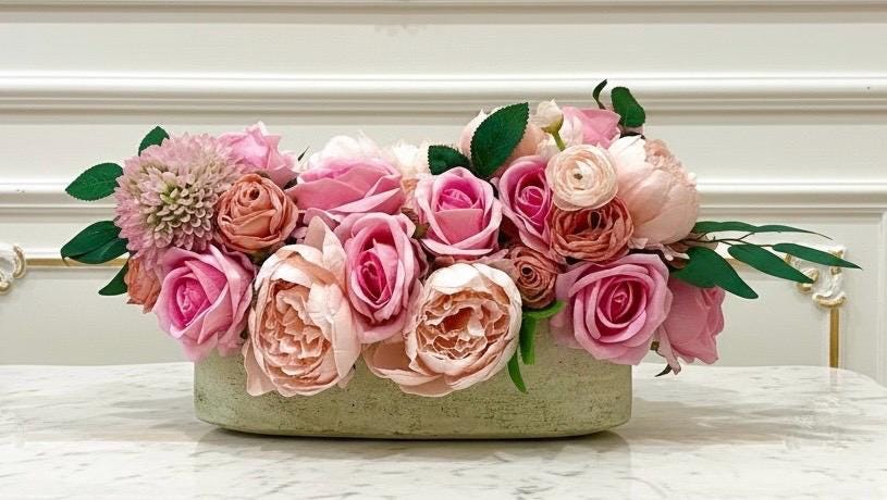 Pink Rose & Peony Arrangement in Stone Planter