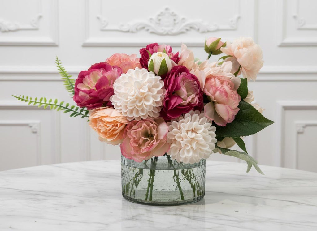 Two-Tone Pink Peony Floral Arrangement in Crystal Glass Bowl