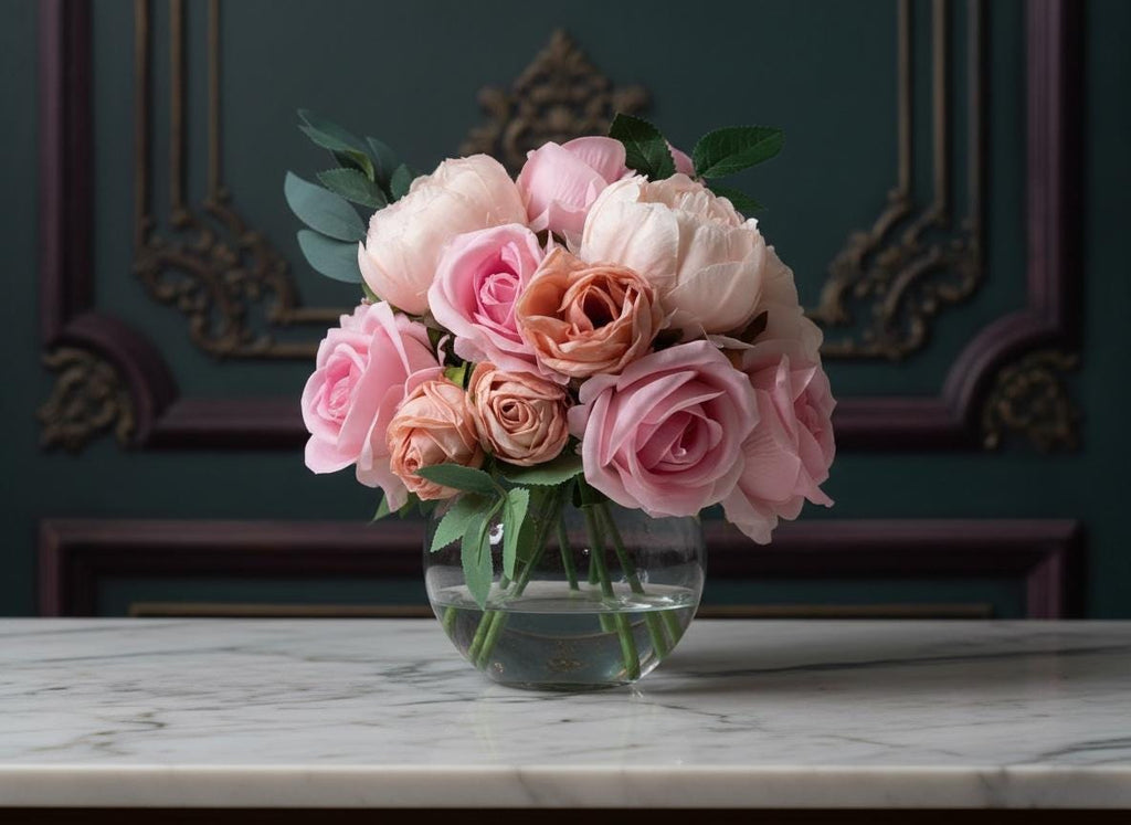 Pink Peony & Rose Arrangement in Glass Vase
