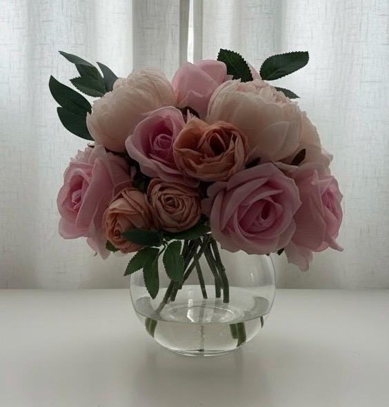 Pink Peony & Rose Arrangement in Glass Vase