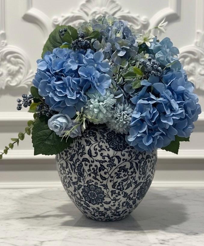 Blue Hydrangea Arrangement in Hand-Painted Ceramic Planter