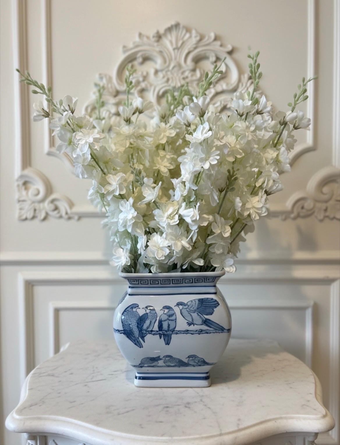 White Snapdragons Arrangement in Blue & White Chinoiserie Planter
