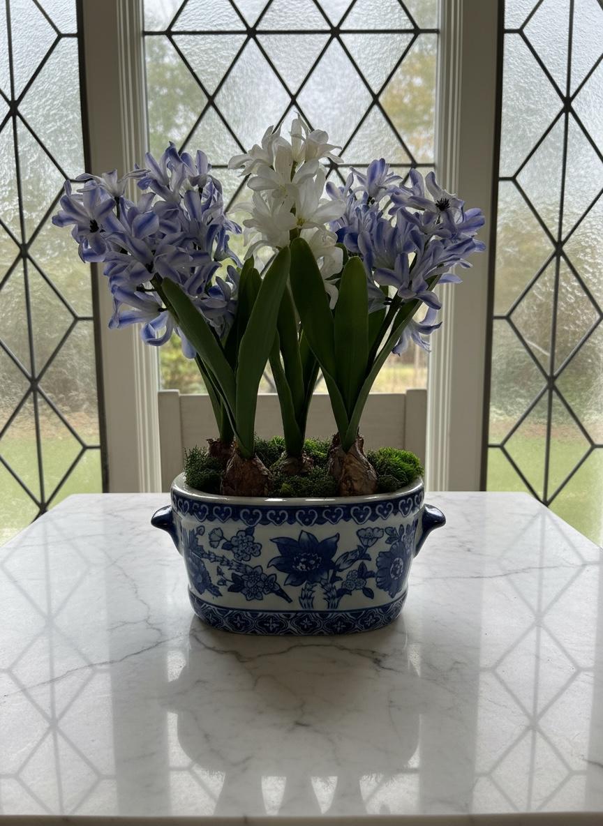 Hyacinth Bulbs in Chinoiserie Planter