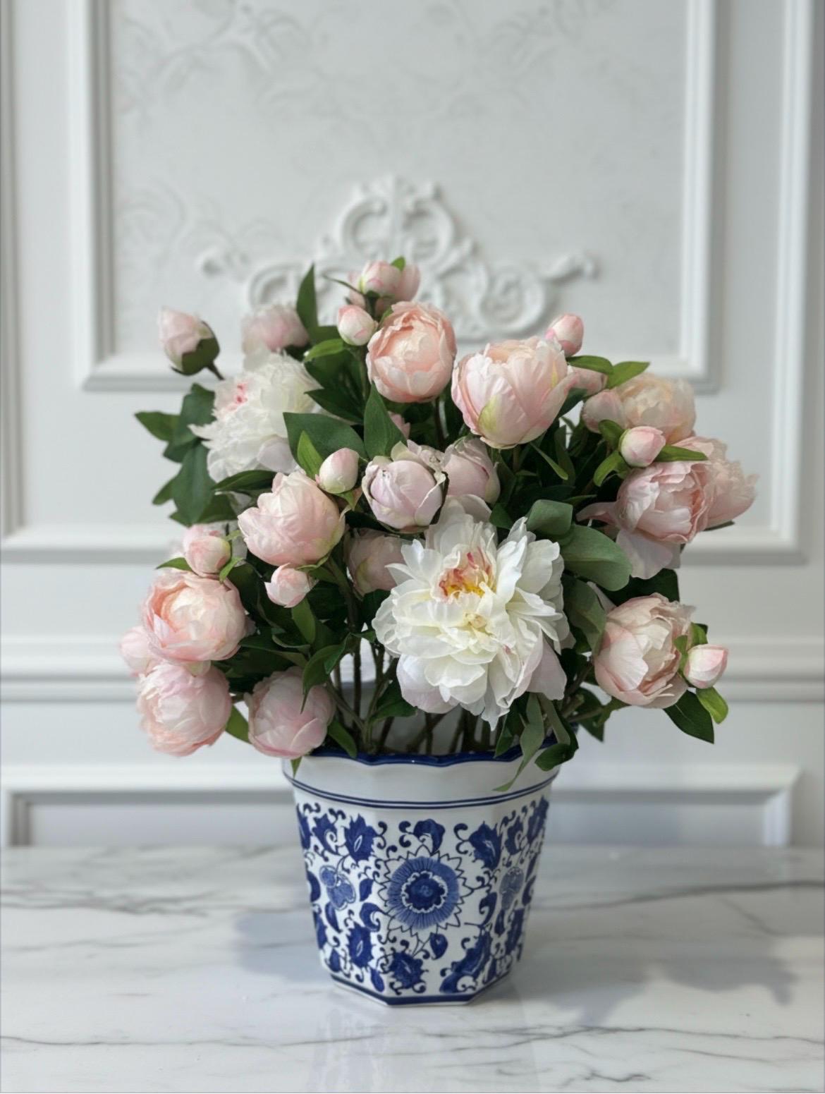 Pink Peony Arrangement in Blue & White Ceramic Planter