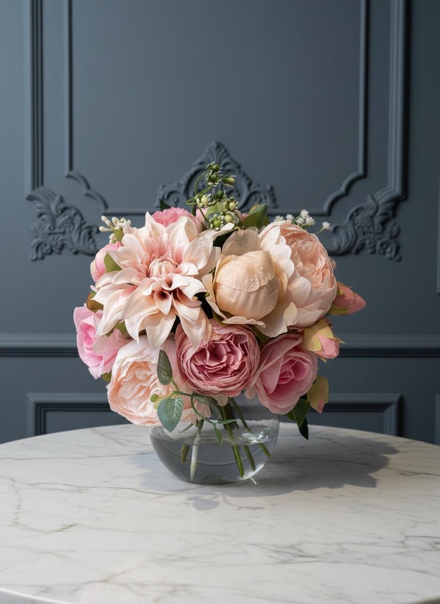 Pink Rose & Peony Arrangement in Glass Vase
