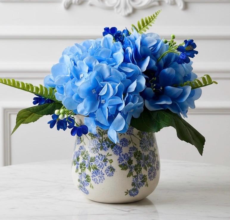 Blue Hydrangea Floral Arrangement in Crackle Glaze Vase