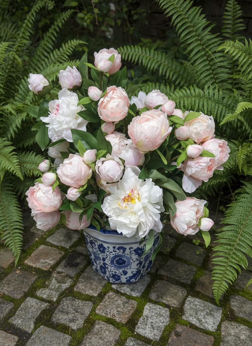 Pink Peony Arrangement in Blue & White Ceramic Planter