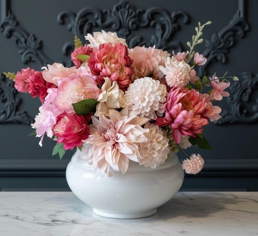 Artificial Pink Peony Floral Arrangement in White Ceramic Planter
