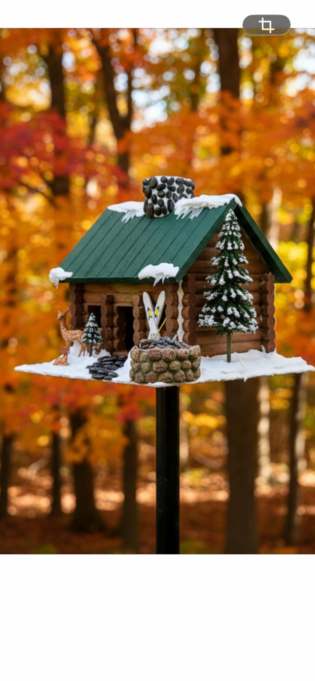 Handmade Log Cabin Birdhouse with Light, Skis & Snow