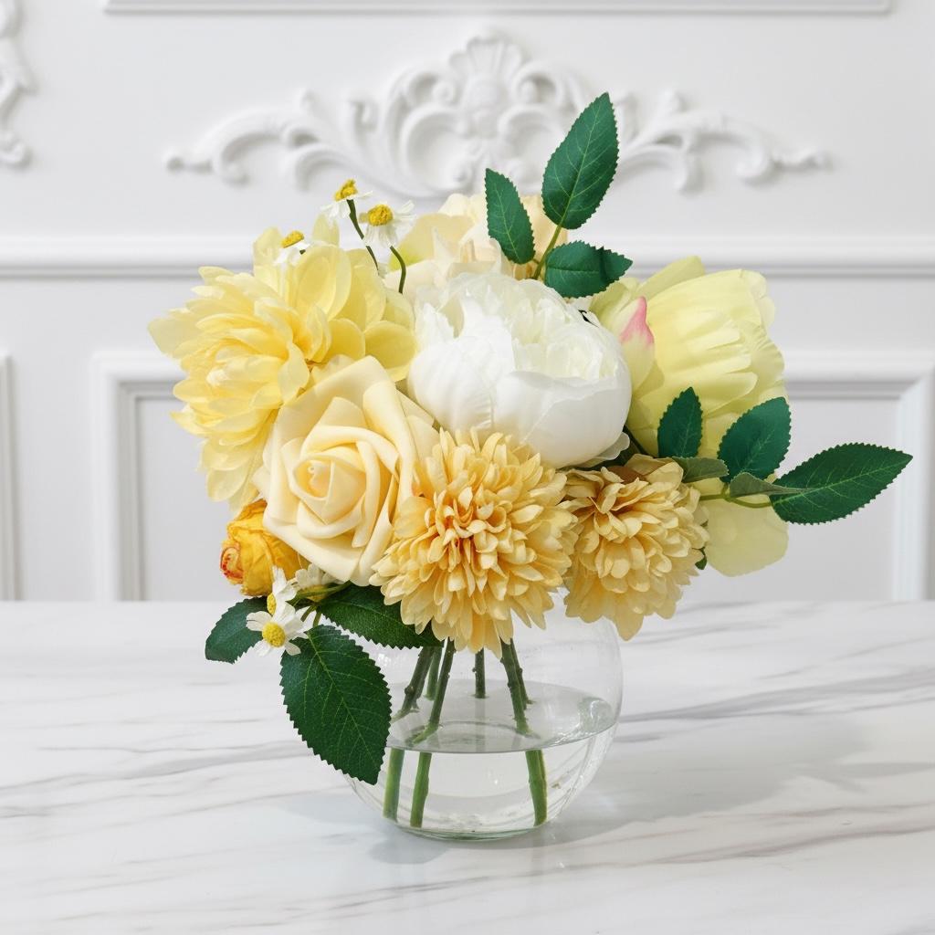Yellow Peony Arrangement in Round Glass Vase