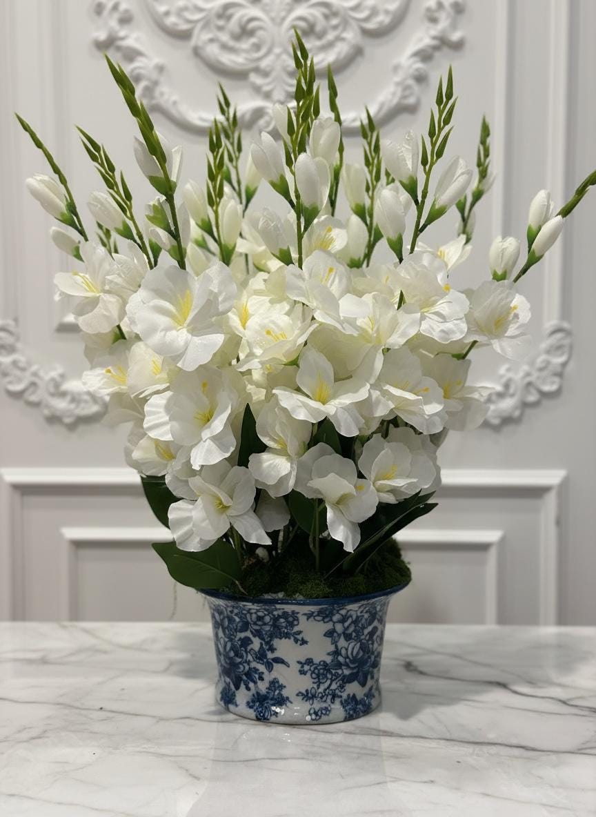 White Gladiolus in Blue & White Chinoiserie Planter