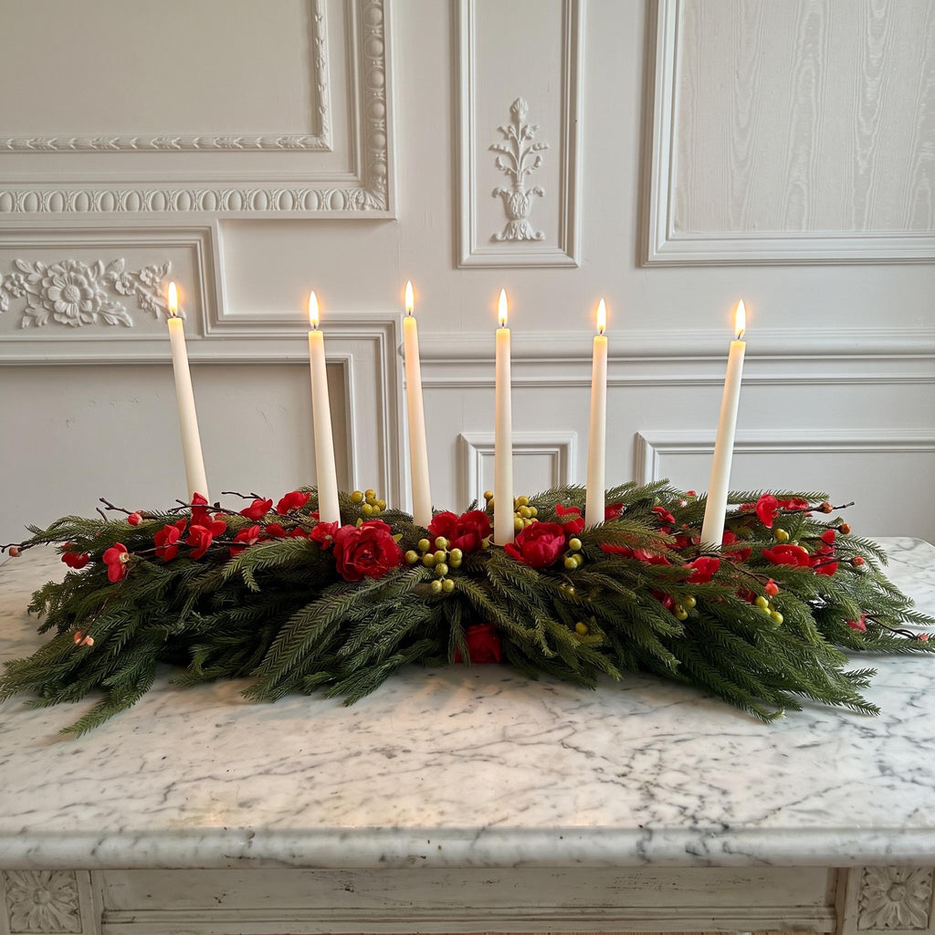 Holiday Floral Centerpiece with Brass Candle Holders