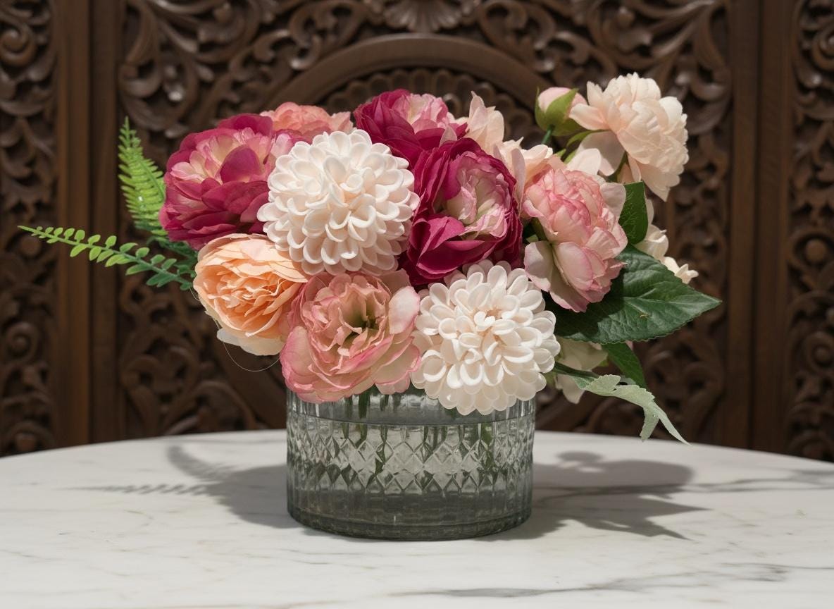 Two-Tone Pink Peony Floral Arrangement in Crystal Glass Bowl