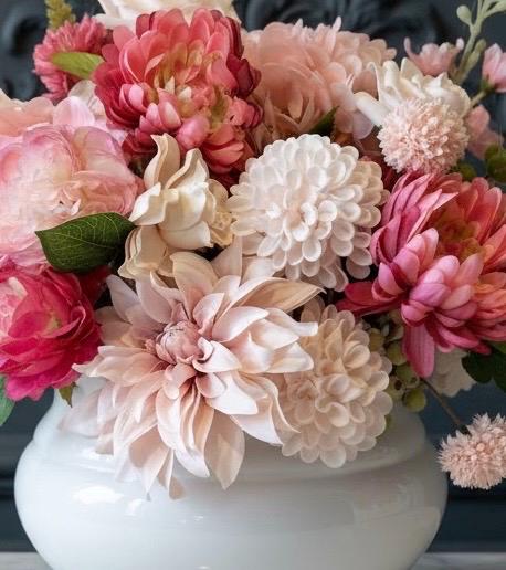 Artificial Pink Peony Floral Arrangement in White Ceramic Planter