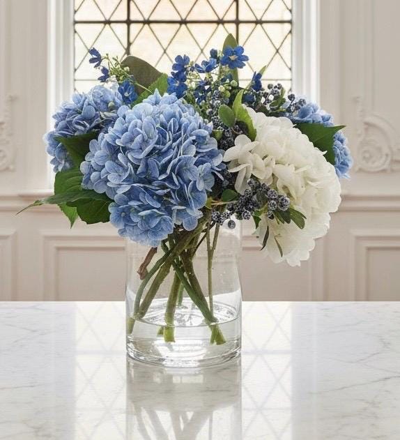 Blue & White Hydrangeas in Large Glass Vase