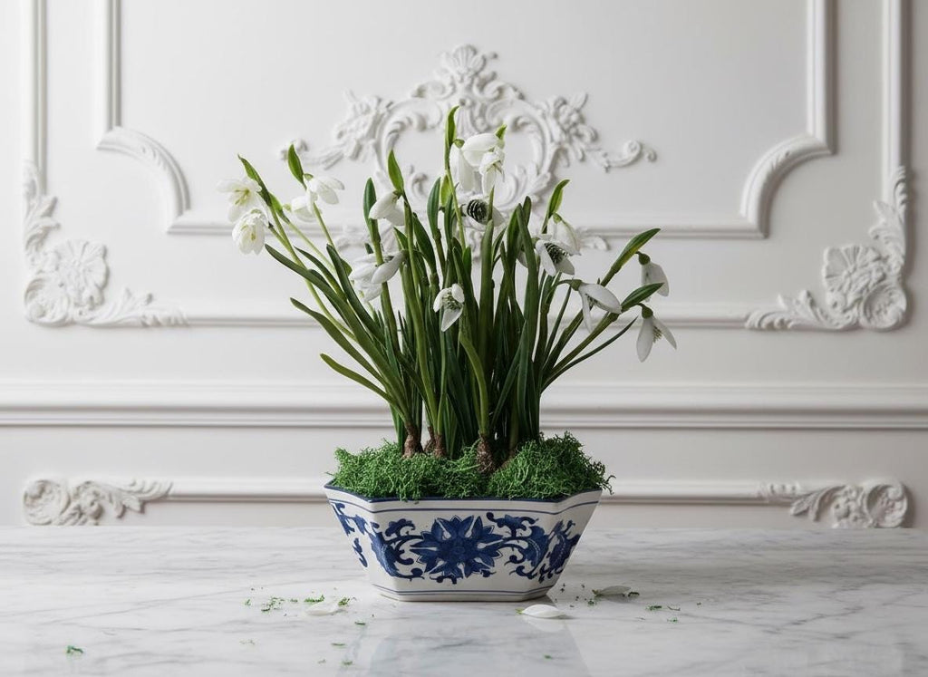 Faux Snowdrop Bulbs in Blue & White Chinoiserie Planter