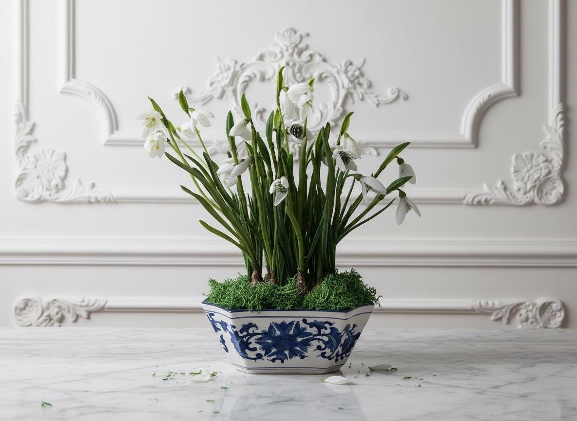 Faux Snowdrop Bulbs in Blue & White Chinoiserie Planter