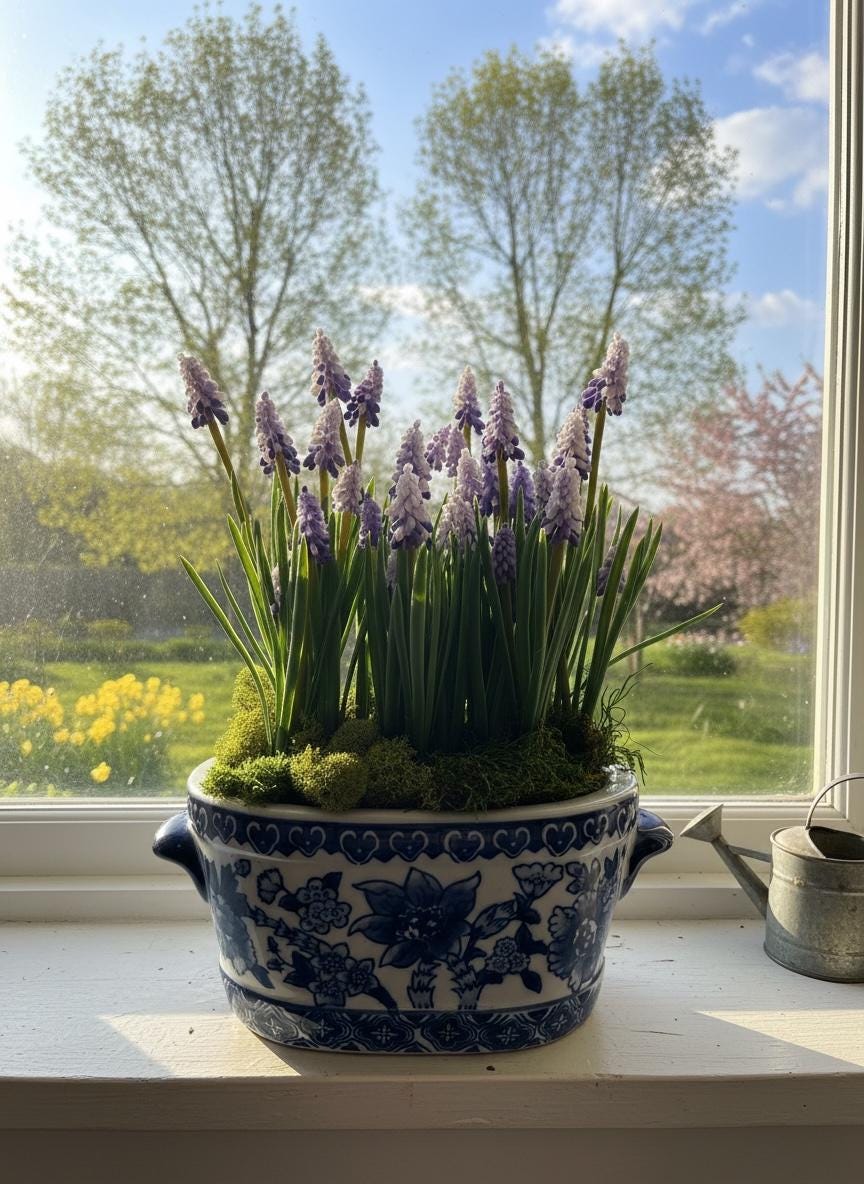 Purple Grape Hyacinths in Blue & White Planter