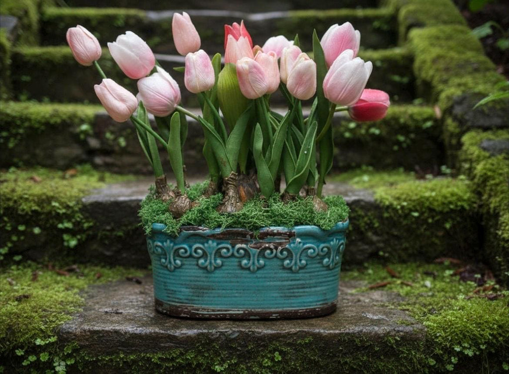 Real Touch Faux Tulip Bulbs in Vintage Style Planter