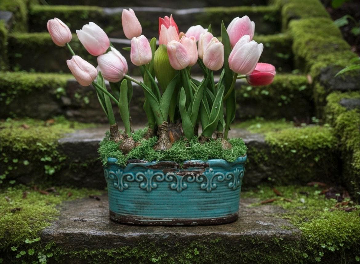 Real Touch Faux Tulip Bulbs in Vintage Style Planter