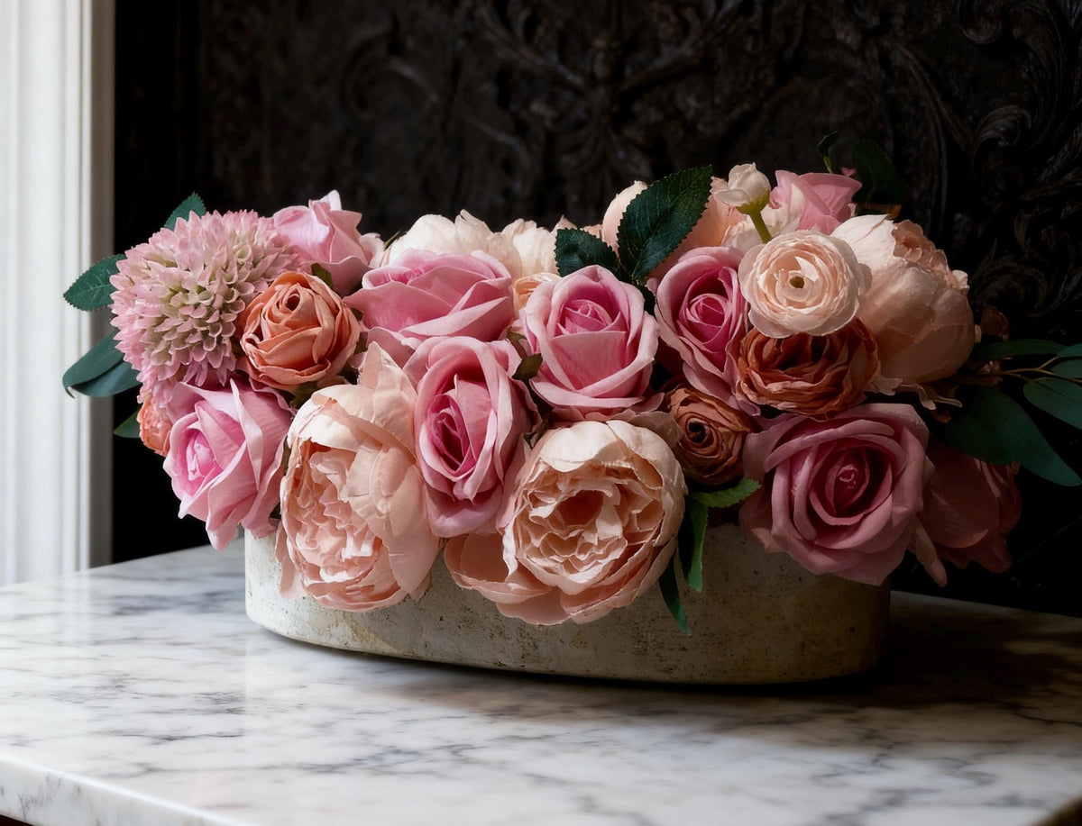 Pink Rose & Peony Arrangement in Stone Planter
