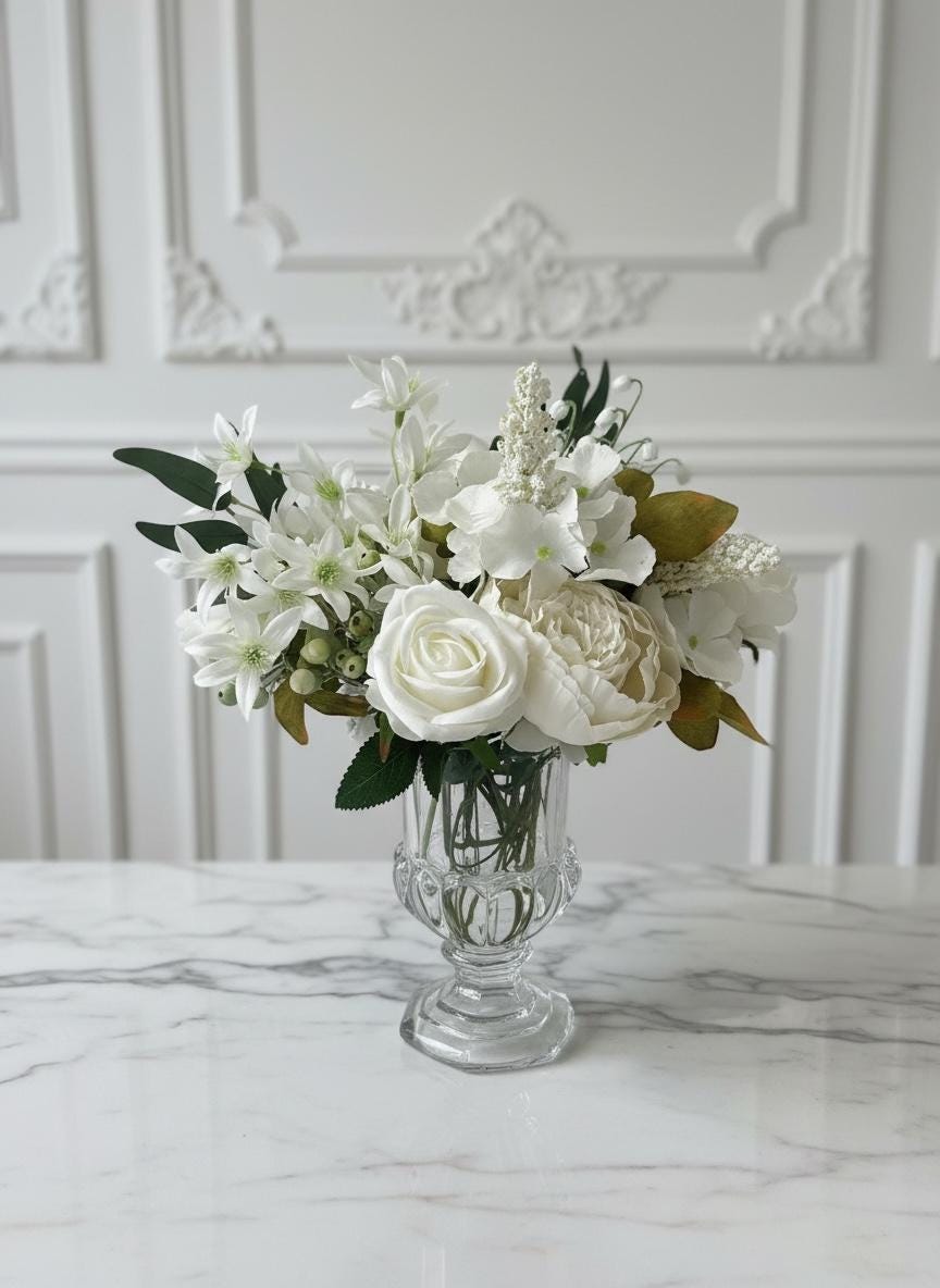 Faux White Peonies, Roses & Lilies in Glass Pedestal Vase