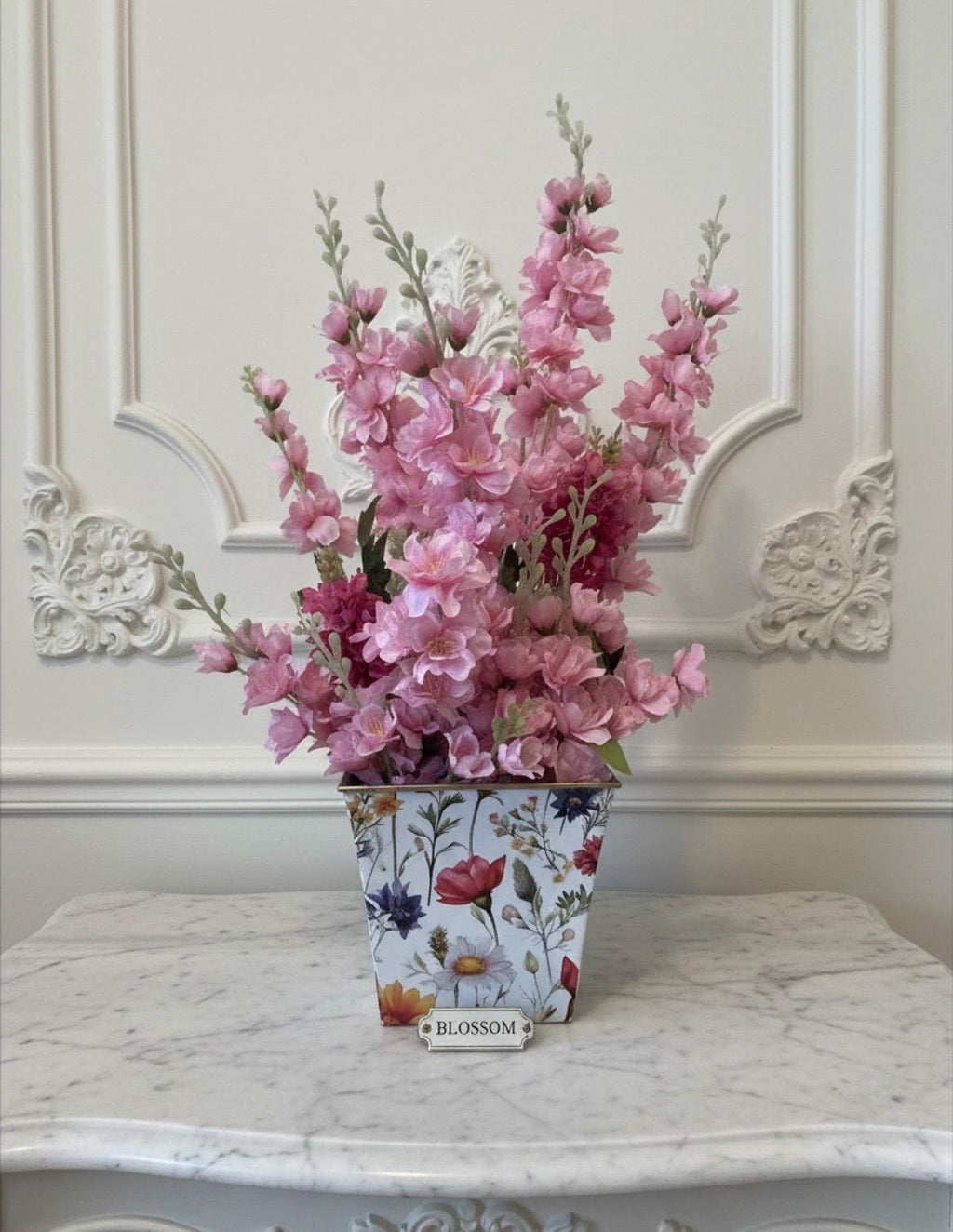 Pink Snapdragon & Delphinium in White Cachepot