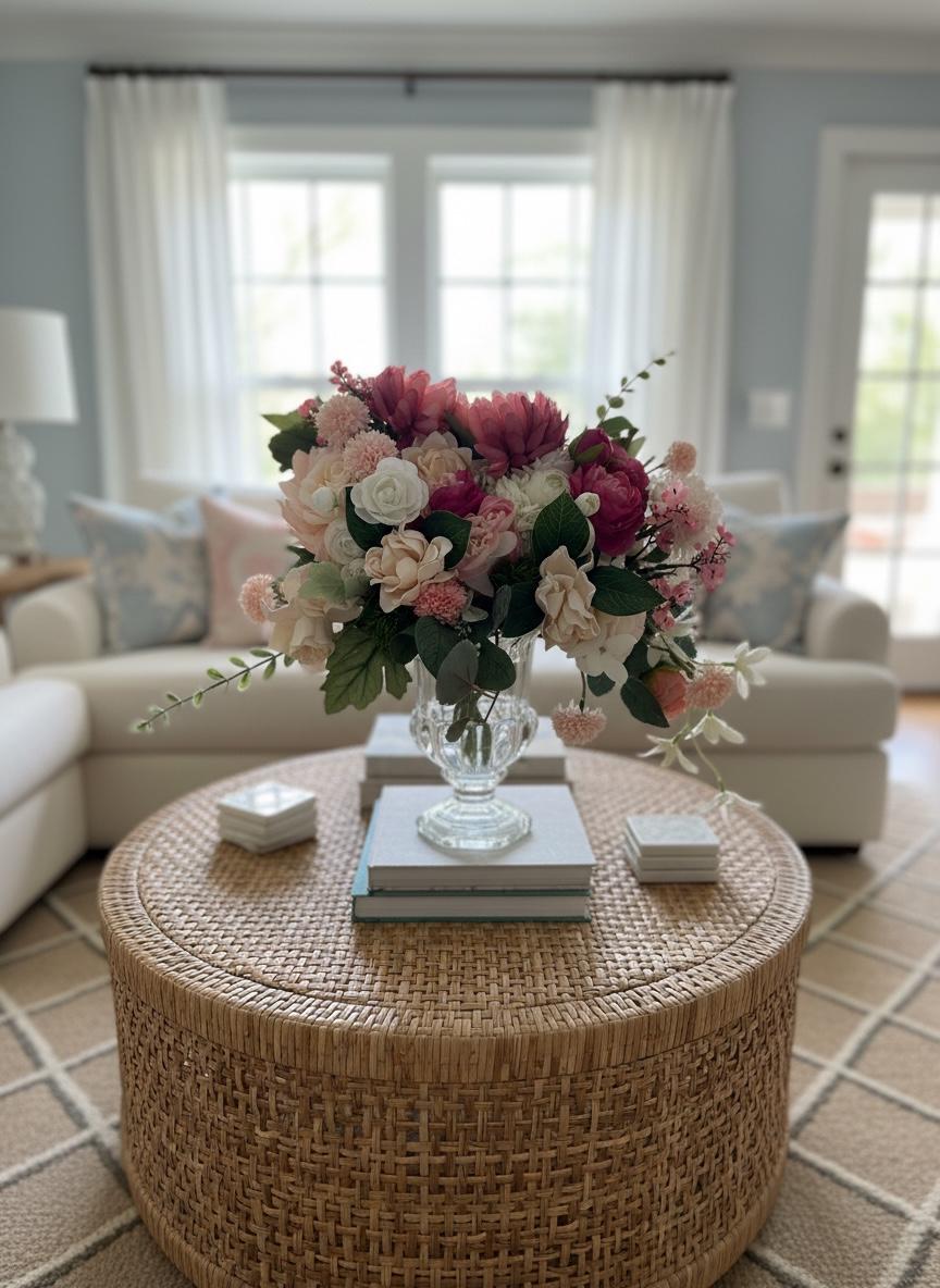 Pink Peonies and Roses in Glass Pedestal Vase