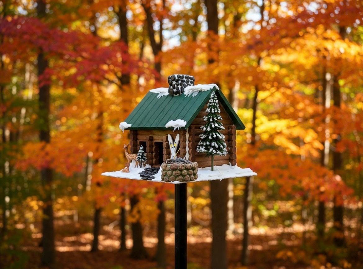 Handmade Log Cabin Birdhouse with Light, Skis & Snow