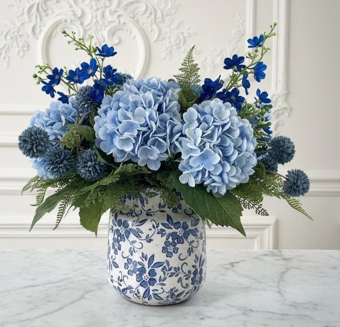 Blue Hydrangeas in Crackle Glaze Vase