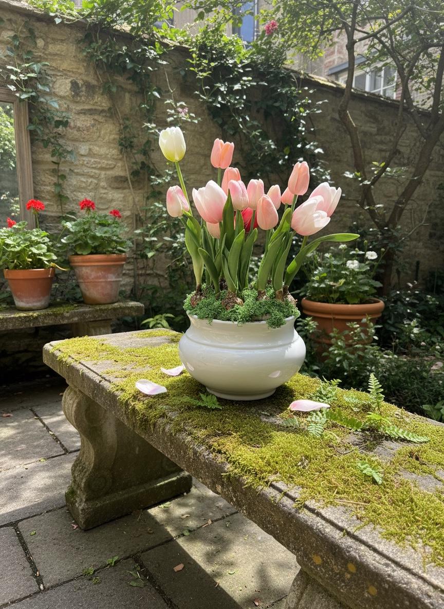 Artificial Pink Tulip Bulb Arrangement in White Ceramic Planter