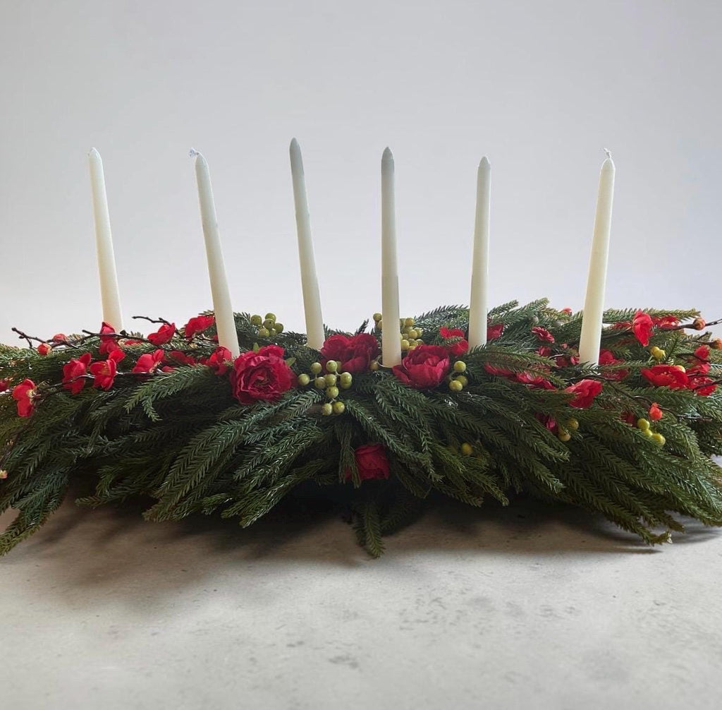 Holiday Floral Centerpiece with Brass Candle Holders
