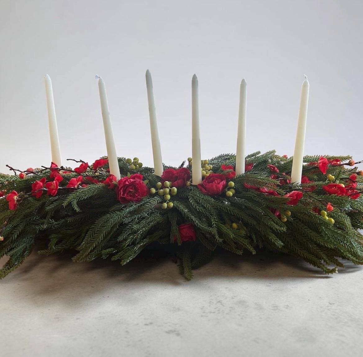 Holiday Floral Centerpiece with Brass Candle Holders