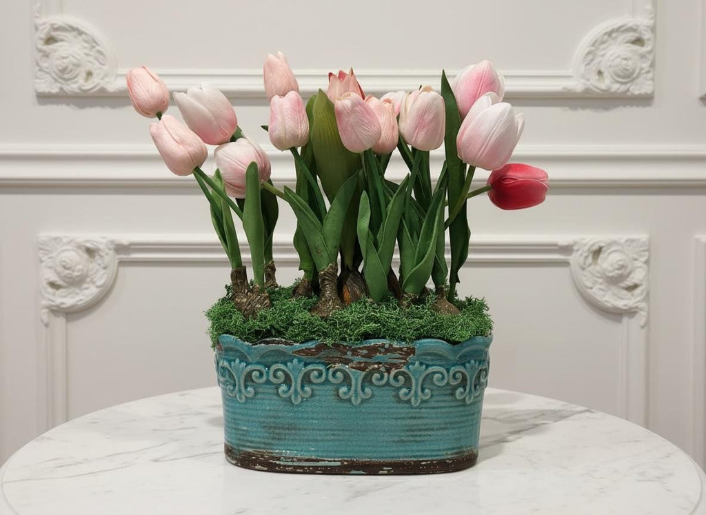 Real Touch Faux Tulip Bulbs in Vintage Style Planter