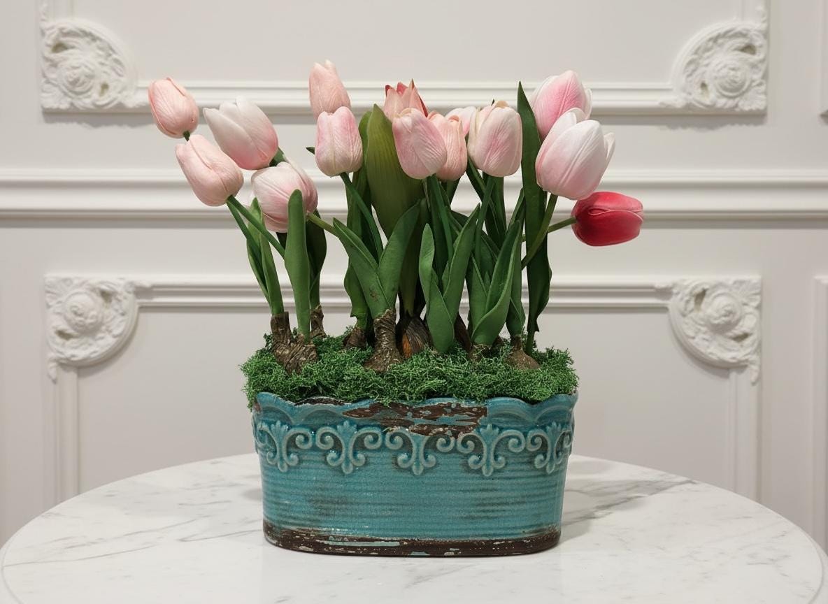 Real Touch Faux Tulip Bulbs in Vintage Style Planter