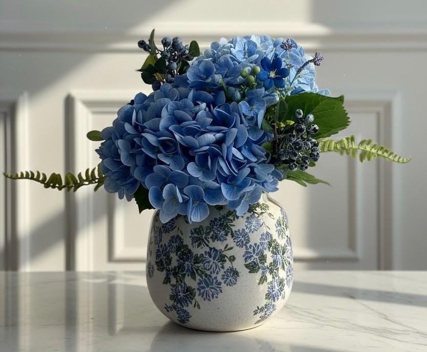 Blue Hydrangea Floral Arrangement in Crackle Glaze Vase